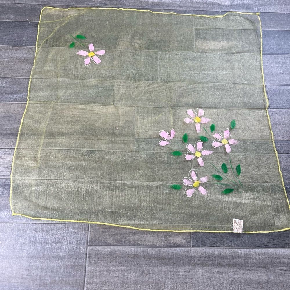 60s JAPAN Sheer texturized  Yellow with Floral Small Scarf. Rare. Vintage
